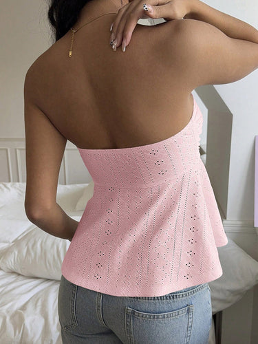 1752111 Skinny Sleeveless Backless Hollow Pleated Solid Color Split-Joint Tied Tube Vest Top