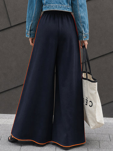 Pockets Elasticity Drawstring Contrast Color Wide Leg Loose Trousers Pants