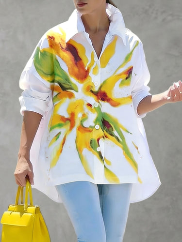 Blusas de manga larga asimétricas con botones, estampado floral en color de contraste y solapa.&Sblusas