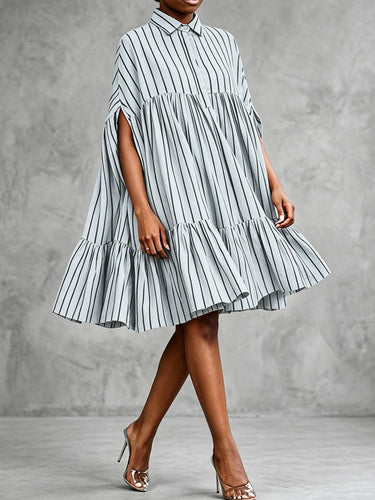 A-Line Batwing Sleeves Buttoned Contrast Color Pleated Ruffle Trim Split-Joint Striped Lapel Midi Dresses