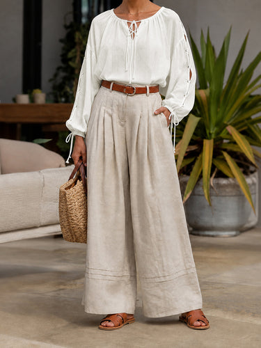 Split-Joint Solid Color Pleated Hollow Drawstring Loose Long Sleeves Cold shoulder Blouses&shirts Tops