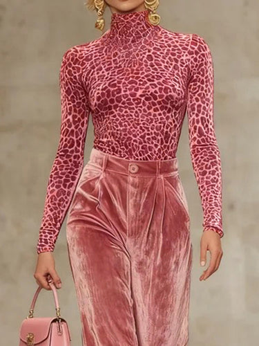 Long Sleeves Skinny Leopard High Neck T-Shirts Tops