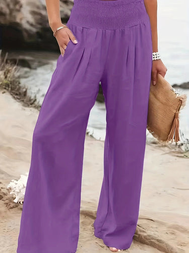 1739481 Elasticated Waist High Waisted Pleated Pockets Solid Color Split-Joint Pants