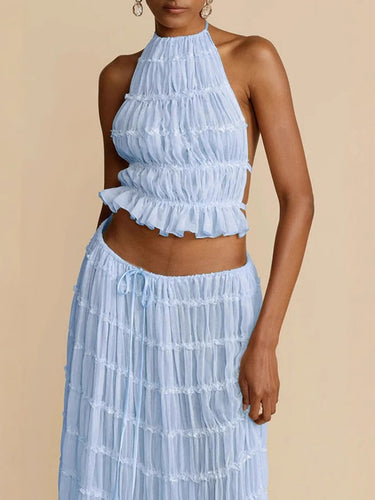 1763671 Plissado cor sólida texturizado halter-pescoço recortado sem costas babados regata + cintura amarrada saias de cintura alta bottoms duas peças conjunto