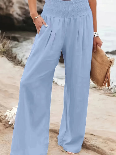 Elasticated Waist High Waisted Pleated Pockets Solid Color Split-Joint Pants