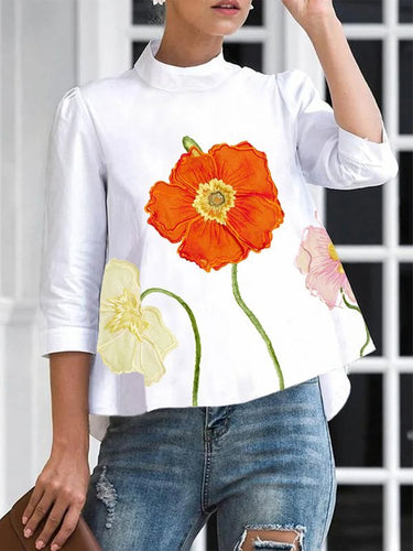 Camisetas de cuello de collar de guión de estampado de flores sueltas de alta baja estampado