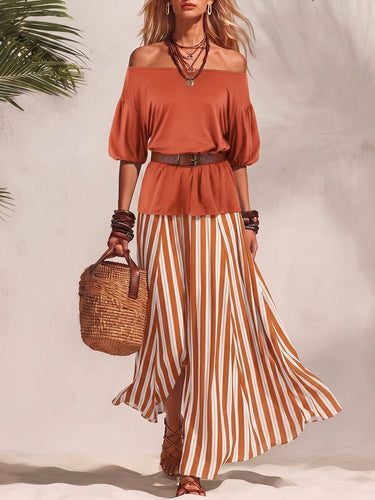 1785782 Half Sleeves Solid Color Off-The-Shoulder T-Shirts Tops + Belted Contrast Color A-Line Striped Skirts Bottoms Two Pieces Set