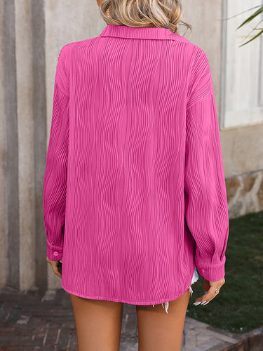 1442302 Long Sleeves Buttoned Jacquard Pleated Solid Color Blouses&Shirts Tops