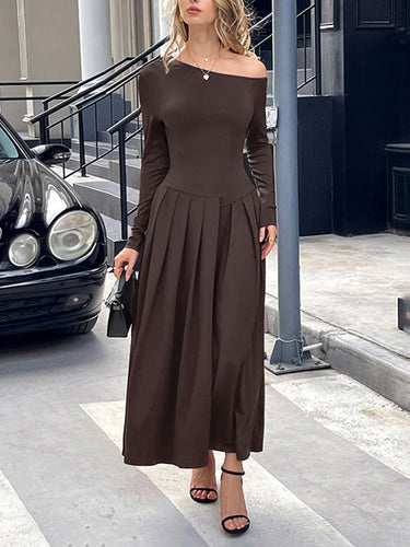 1731827 High Waisted Long Sleeves Pleated Solid Color Split-Front One-Shoulder Maxi Dresses