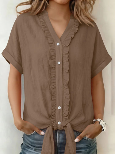 1774780 Loose Short Sleeves Buttoned Knot Ruffle Trim Solid Color V-Neck Blouses&Shirts Tops