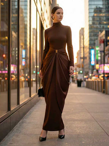 Long Sleeves Buckle Draped High-Neck Evening Dresses Maxi Dresses