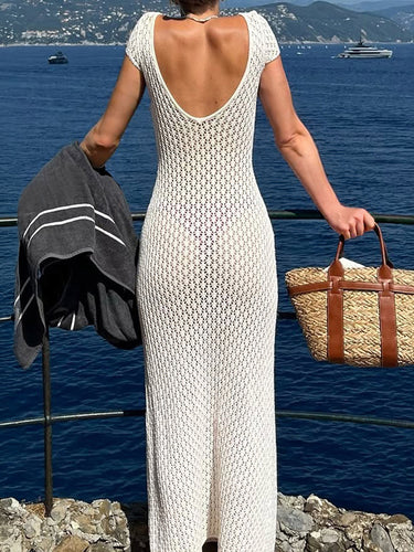 1788559 Solid Color Hollow Backless Cap Sleeve Bodycon Wavy Keyhole Neckline Maxi Dresses Cover-Up