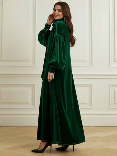 1725358 A-Line Long Sleeves Bow-Embellished Pleated Solid Color Split-Joint High Neck Maxi Dresses