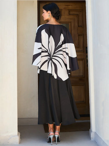 1785350 Batwing Sleeves Long Sleeves Contrast Color Flower Print Split-Side One-Shoulder Blouses&Shirts Tops