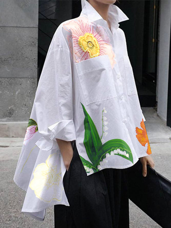 Long Sleeves Loose Asymmetric Floral Printed Split-Joint High Neck T-Shirts