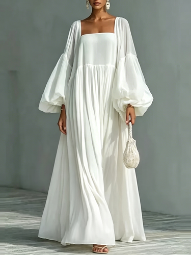 1788619 Zipper Split-Joint Solid Color Elasticity Backless Puff Sleeves Loose Square-neck Maxi Dresses