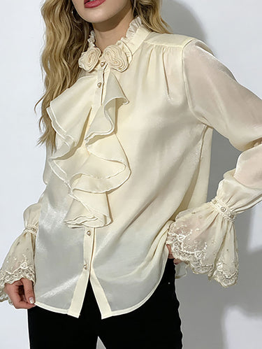 1753705 Long Sleeves Ruffle Sleeves Buttoned Pleated Ruffled Solid Color Split-Joint Stand Collar Blouses&Shirts Tops