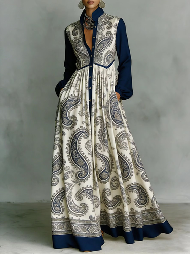 1781516 A-Line High Waisted Buttoned Contrast Color Pleated Pockets Printed Stand Collar Maxi Dresses
