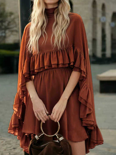 1755946 High Waisted Sleeveless Pleated Ruffled Solid Color Split-Joint Tied Mock Neck Mini Dresses Two Pieces Set