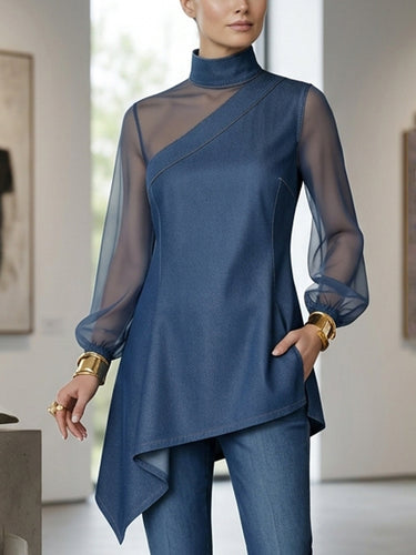 Long Sleeves Puff Sleeves Asymmetric Mesh Split-Joint Mock Neck Blouses&Shirts Tops