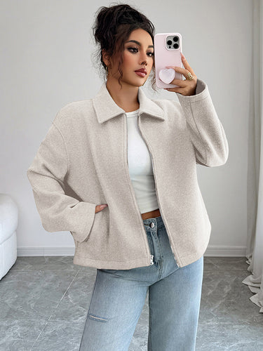 1721773 Long Sleeves Loose Solid Color Zipper Lapel Outerwear
