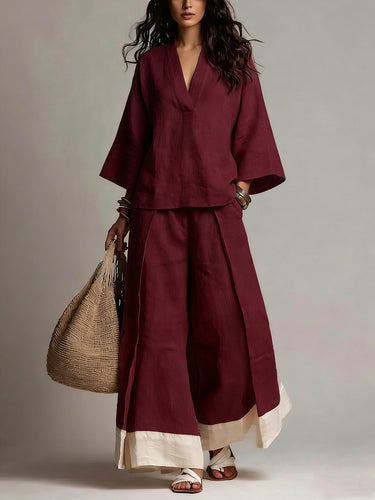 1775109 Conjunto de duas peças solto plus size cor contrastante com bolsos plissados ​​e decote em V