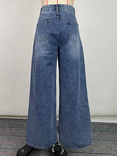 1648355 High Waisted Loose Buttoned Pockets Jean Pants Bottoms