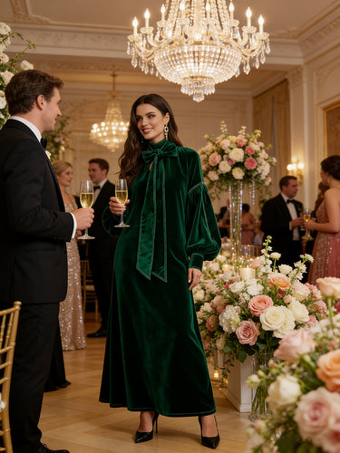 A-Line Long Sleeves Bow-Embellished Pleated Solid Color Split-Joint High Neck Maxi Dresses