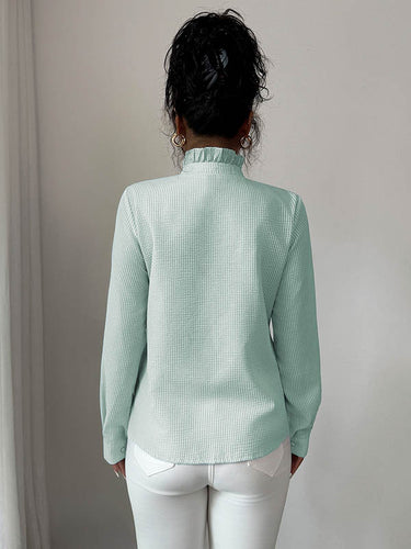 1731617 Long Sleeves Skinny Buttoned Ruffled Split-Joint Striped Stand Collar Blouses&Shirts Tops