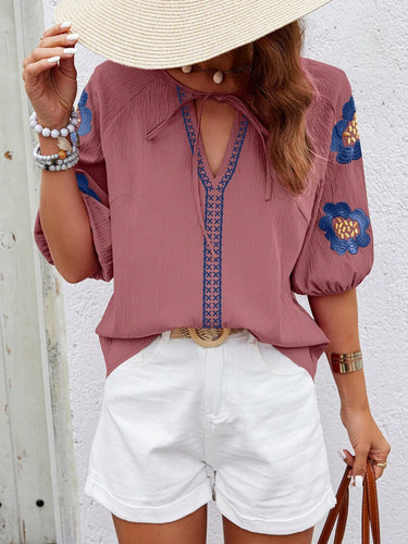 1780453 Half Sleeves Loose Contrast Color Embroidered Tied V-Neck Blouses&Shirts Tops