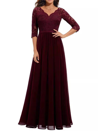 1764394 Robe trapèze taille haute plissée transparente couleur unie col en V fendue