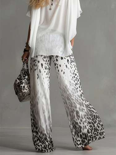 Loose Wide Leg Elasticity Gradient Leopard Pockets Trousers Wide Leg Pants