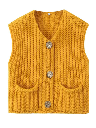 1783572 Sleeveless Buttoned Pockets Solid Color Cardigan Tops Knit Top