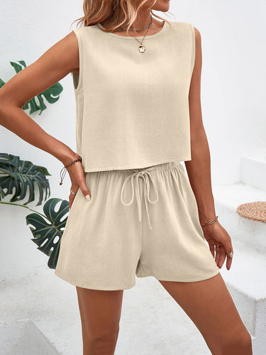 1784276 Loose Sleeveless Buttoned Drawstring Elasticity Pockets Solid Color Round-Neck Shorts Bottoms + Tank Top Two Pieces Set