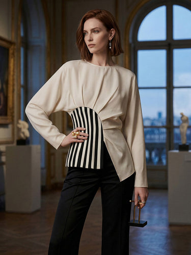 Blusas de cuello redondo con mangas largas asimétricas, pliegues, abertura lateral, rayas y cremallera.&Sblusas