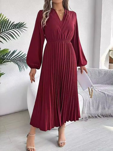 1755980 A-Line High Waisted Elasticity Pleated Solid Color V-Neck Maxi Dresses