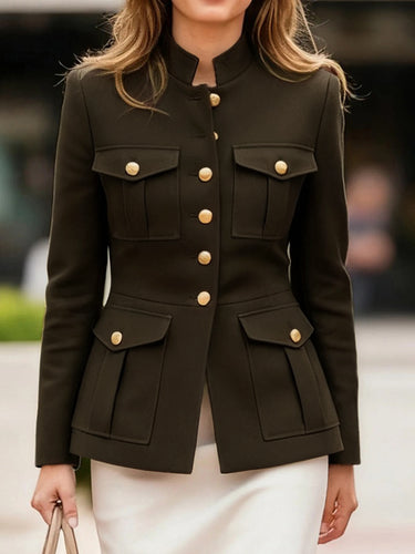 Long Sleeves Buttoned Pleated Pockets Solid Color Stand Collar Outerwear