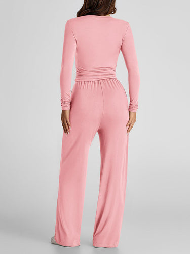 1751561 Solid Color Pleated Round-Neck T-Shirts Tops +  Elasticated Waist High Waisted Drawstring Pants Two Pieces Set