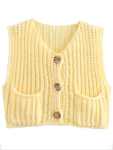 1783570 Sleeveless Buttoned Pockets Solid Color Cardigan Tops Knit Top
