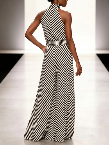 1779248 Sleeveless Contrast Color Draped Striped Halter-Neck Blouses&Shirts Tops