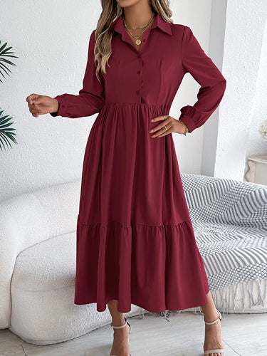 1713699 High Waisted Long Sleeves Pleated Ruffled Solid Color Lapel Midi Dresses Shirt Dress