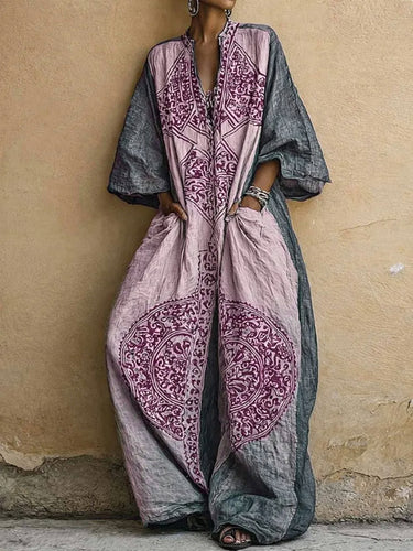 Loose Three-Quarter Sleeves Contrast Color Ethnic Printed Pockets V-Neck Jumpsuits