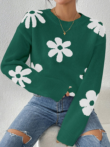 1713878 Long Sleeves Loose Contrast Color Flower Print Round-Neck Sweater Tops