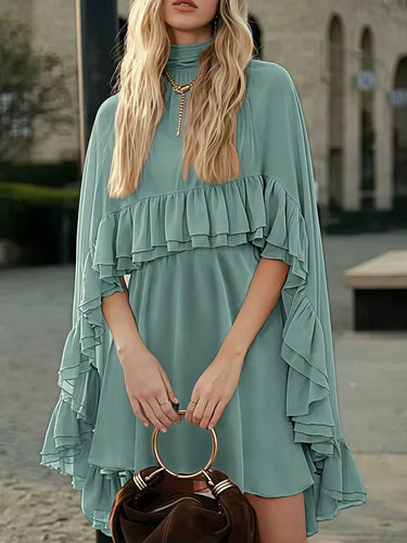 1755951 High Waisted Sleeveless Pleated Ruffled Solid Color Split-Joint Tied Mock Neck Mini Dresses Two Pieces Set