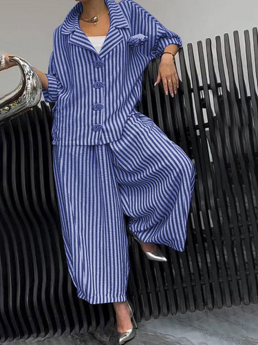 1755448 Long Sleeves Loose Buttoned Contrast Color Striped Notched Collar Two Pieces Set