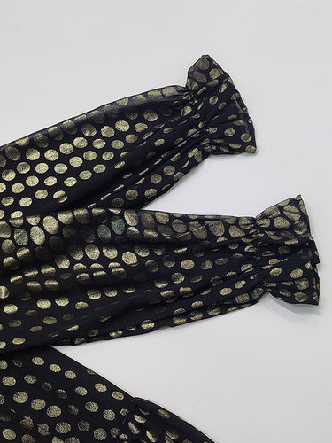 Long Sleeves Puff Sleeves Pleated Polka Dot Shiny Split-Joint High Neck Mini Dresses