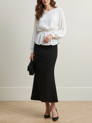 1729661 Long Sleeves Loose Elasticity Solid Color Round-Neck Blouses&Shirts Tops