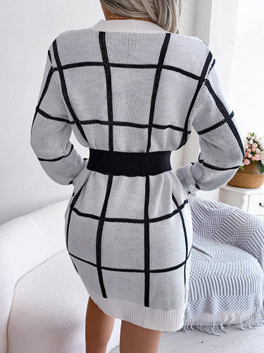1713392 Elasticated Waist Long Sleeves Belted Contrast Color Plaid Round-Neck Mini Dresses Sweater Dresses
