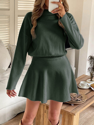 1732152 A-line High Waisted Elasticity Solid Color Round-neck Mini Dresses Sweater Dresses