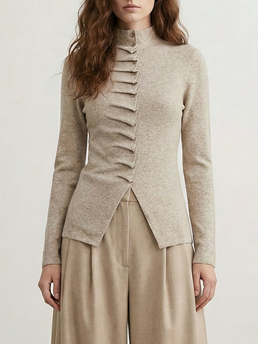 Long Sleeves Pleated Solid Color High Neck Pullovers